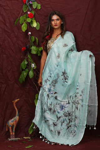 Aqua Floral Digital Printed Linen Women Dupatta - Designer mart