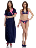 Designer mart Women's Multi-Colored Satin Lingerie Robe Set Combo Navy - Designer mart