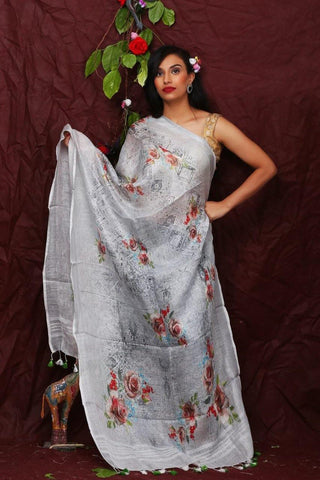 Grey Floral Digital Printed Linen Women Dupatta - Designer mart