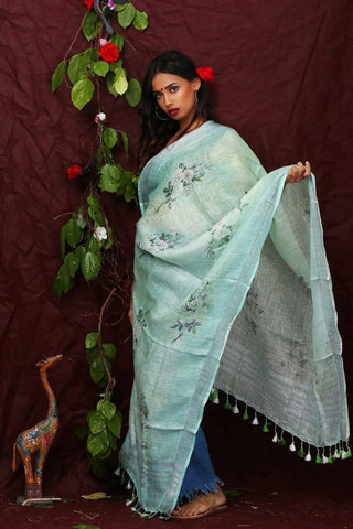 Light Green Floral Digital Printed Linen Women Dupatta - Designer mart