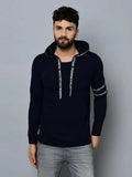 Men's Navy Blue Cotton Self Pattern Hooded Tees - Designer mart