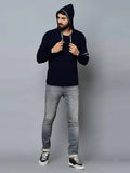 Men's Navy Blue Cotton Self Pattern Hooded Tees - Designer mart