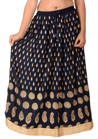 Navy Blue Ethnic Print Maxi Skirt - Designer mart
