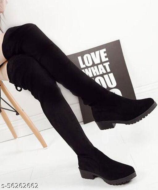 Block Heel Black Suede Knee High Boots Chunky Heel Tie Back Over