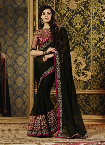 Vibrant Pink And Black Georgette Net Saree With Blouse - Designer mart