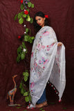 White Floral Digital Printed Linen Women Dupatta - Designer mart