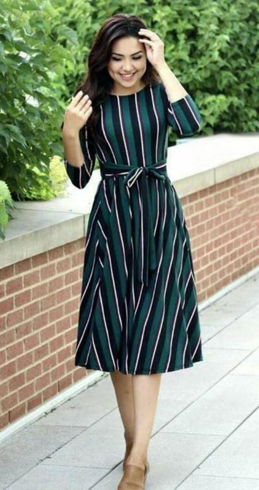 Designer Mart - Women's Green With Black And White Striped A-line Dress S Designer Mart - Women's Green With Black And White Striped A-line Dress S