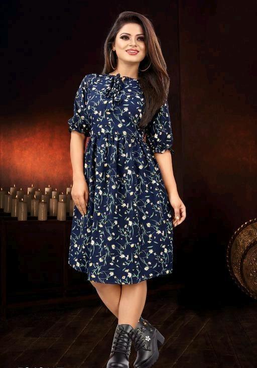 Designer Mart - Women's Knee Length Navy Blue Casual Floral Dress Designer Mart - Women's Knee Length Navy Blue Casual Floral Dress