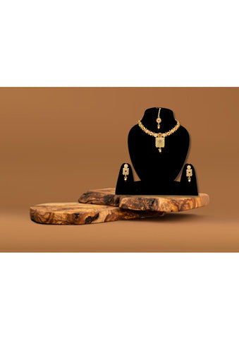 Antique Matte Gold Earring, Maang tikka & Necklace set - Designer mart