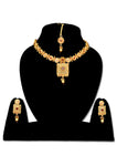 Antique Matte Gold Earring, Maang tikka & Necklace set - Designer mart