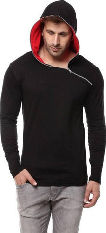 Black Cotton Hood Chain Full Sleeves T-Shirt - Designer mart