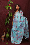 Blue Floral Digital Printed Linen Women Dupatta - Designer mart