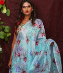 Blue Floral Digital Printed Linen Women Dupatta - Designer mart