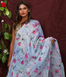 Blue Floral Digital Printed Linen Women Dupatta - Designer mart