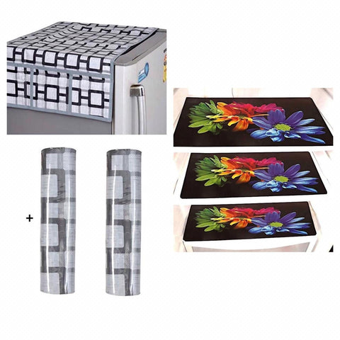 Combo of Decorative 1 Fridge Top and 2 Handle Cover with 3 Refrigerator Mat - Designer mart