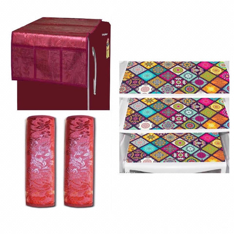 Combo of Fridge Cover for Top, 2 Fridge Handle Covers + 3 Fridge Mats - Designer mart