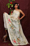 Cream Floral Digital Printed Linen Women Dupatta - Designer mart