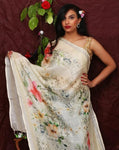 Cream Floral Digital Printed Linen Women Dupatta - Designer mart