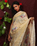 Cream Floral Digital Printed Linen Women Dupatta - Designer mart