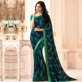 Dark Blue Colored Casual Wear Printed Georgette Saree - Designer mart