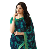 Dark Blue Colored Casual Wear Printed Georgette Saree - Designer mart