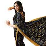 Dark Blue Colored Casual Wear Printed Georgette Saree - Designer mart