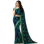 Dark Blue Colored Casual Wear Printed Georgette Saree - Designer mart