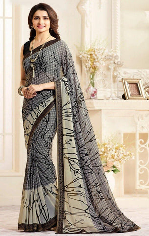 Dazzling Gray Casual Printed Georgette Saree - Designer mart