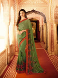 Dazzling Green With Red Print Colored Designer Georgette Saree - Designer mart