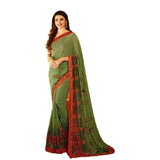 Dazzling Green With Red Print Colored Designer Georgette Saree - Designer mart