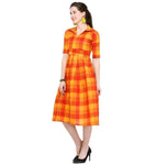 Designer Mart Green & Yellow Cotton Weaving Checks Frock - Designer mart