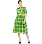 Designer Mart Green & Yellow Cotton Weaving Checks Frock - Designer mart