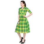 Designer Mart Green & Yellow Cotton Weaving Checks Frock - Designer mart