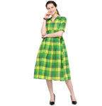 Designer Mart Green & Yellow Cotton Weaving Checks Frock - Designer mart