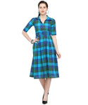 Designer Mart Green & Yellow Cotton Weaving Checks Frock - Designer mart