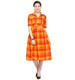 Designer Mart Green & Yellow Cotton Weaving Checks Frock - Designer mart