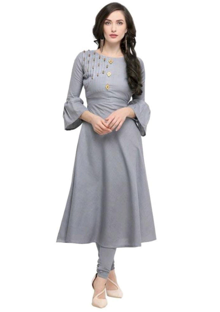 Gray Color Floral Printed Knee Length Nayra Cut Cotton Kurti – Fabru