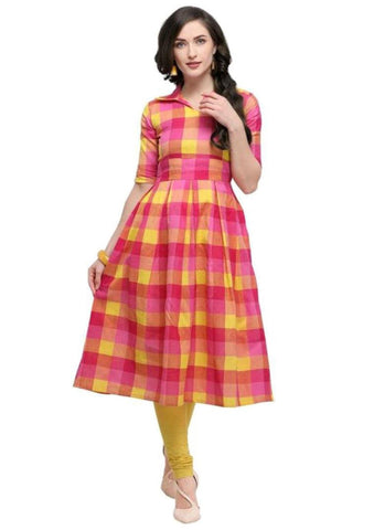 Designer Mart Pink & Yellow Cotton Weaving Checks Kurti - Designer mart