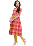 Designer Mart Pink & Yellow Cotton Weaving Checks Kurti - Designer mart