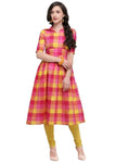 Designer Mart Pink & Yellow Cotton Weaving Checks Kurti - Designer mart