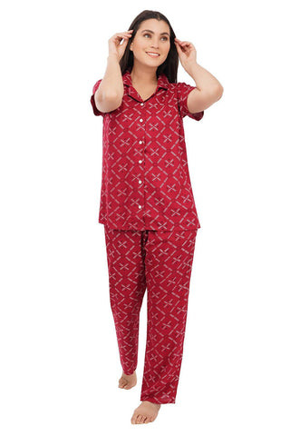Designer Mart Women's Cotton Geomatrical Printed Night Suit Set of Shirt & Pyjama - Designer mart