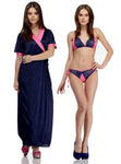 Designer mart Women's Multi-Colored Satin Lingerie Robe Set Combo Navy - Designer mart