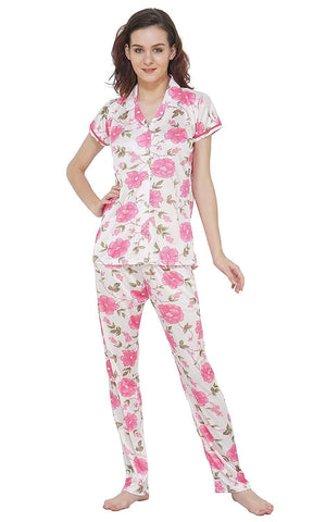 Designer mart Women's Printed Satin Top & Pyjama Set Pink for Women & Girls - Designer mart