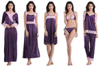 Designer mart Women's Satin Nightwear Set of 6 Pcs Nighty, Wrap Gown, Top,Pajama, Bra & Thong - Designer mart
