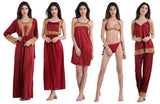 Designer mart Women's Satin Nightwear Set of 6 Pcs Nighty, Wrap Gown, Top,Pajama, Bra & Thong - Designer mart