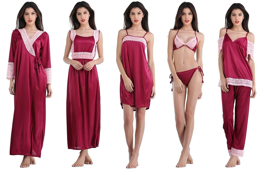 Designer mart Women's Satin Nightwear Set of 6 Pcs Nighty, Wrap