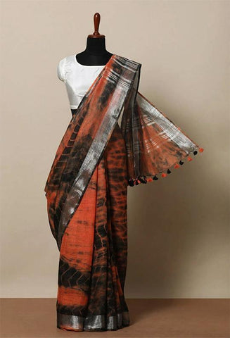 Fiery Orange Colored Khadi Linen Saree With Shibori Work - Designer mart