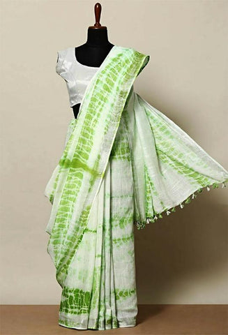 Green & white Colored Khadi Linen Saree With Shibori Work - Designer mart