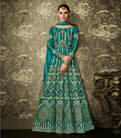 Green Bangalori Silk Semi Stitch Suit - Designer mart