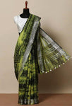 Green Colored Khadi Linen Saree With Shibori Work - Designer mart